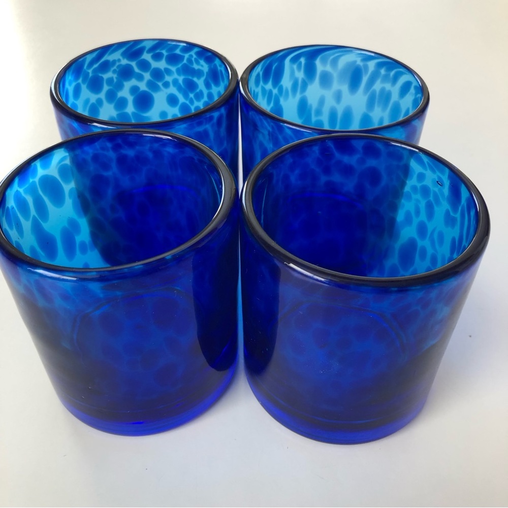 4 Hand Blown Low Ball Tumbler Glasses - Ocean Leopard Blue